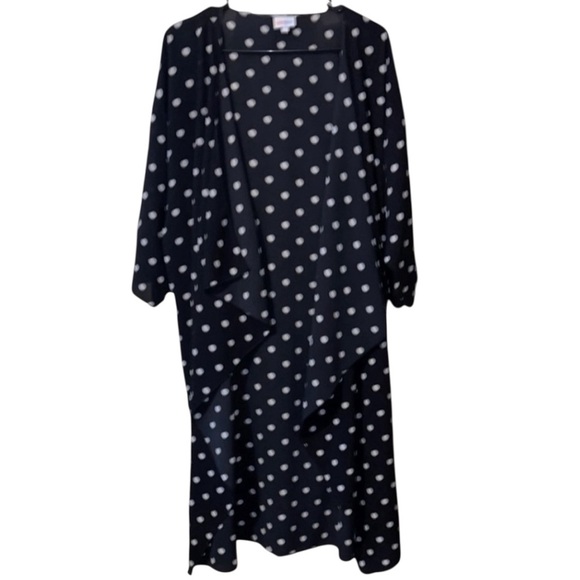 🌹LULAROE BLACK/WHITE DOTTED LONG RUFFLE FRONT KIMONO - Picture 1 of 7